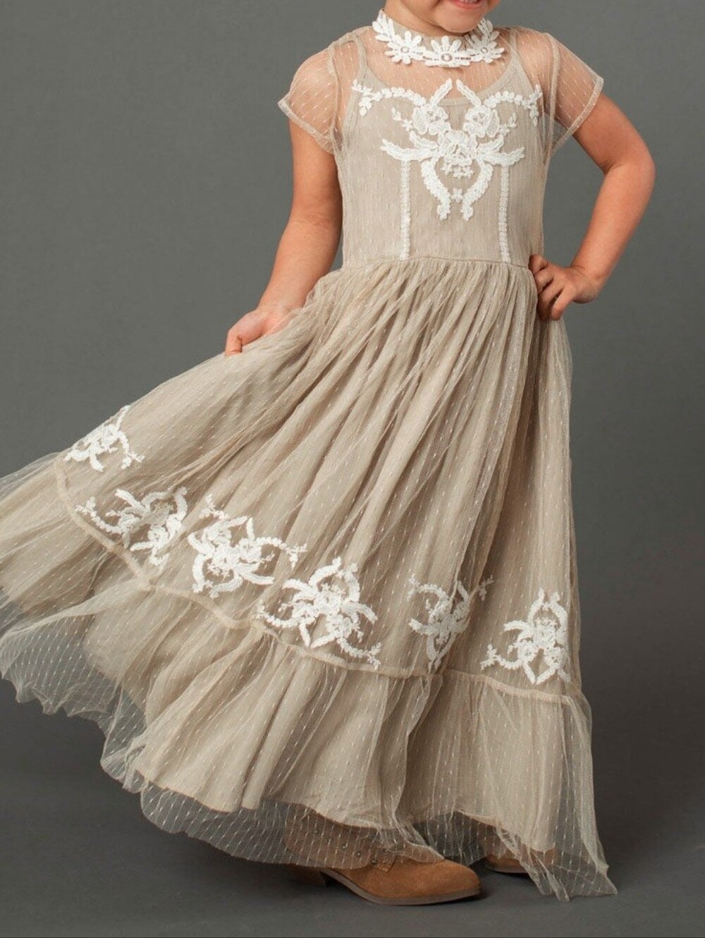 Mia Joy by Joyfolie Girls Blush Tan Tulle Lace Floral Maxi Dress Size 7